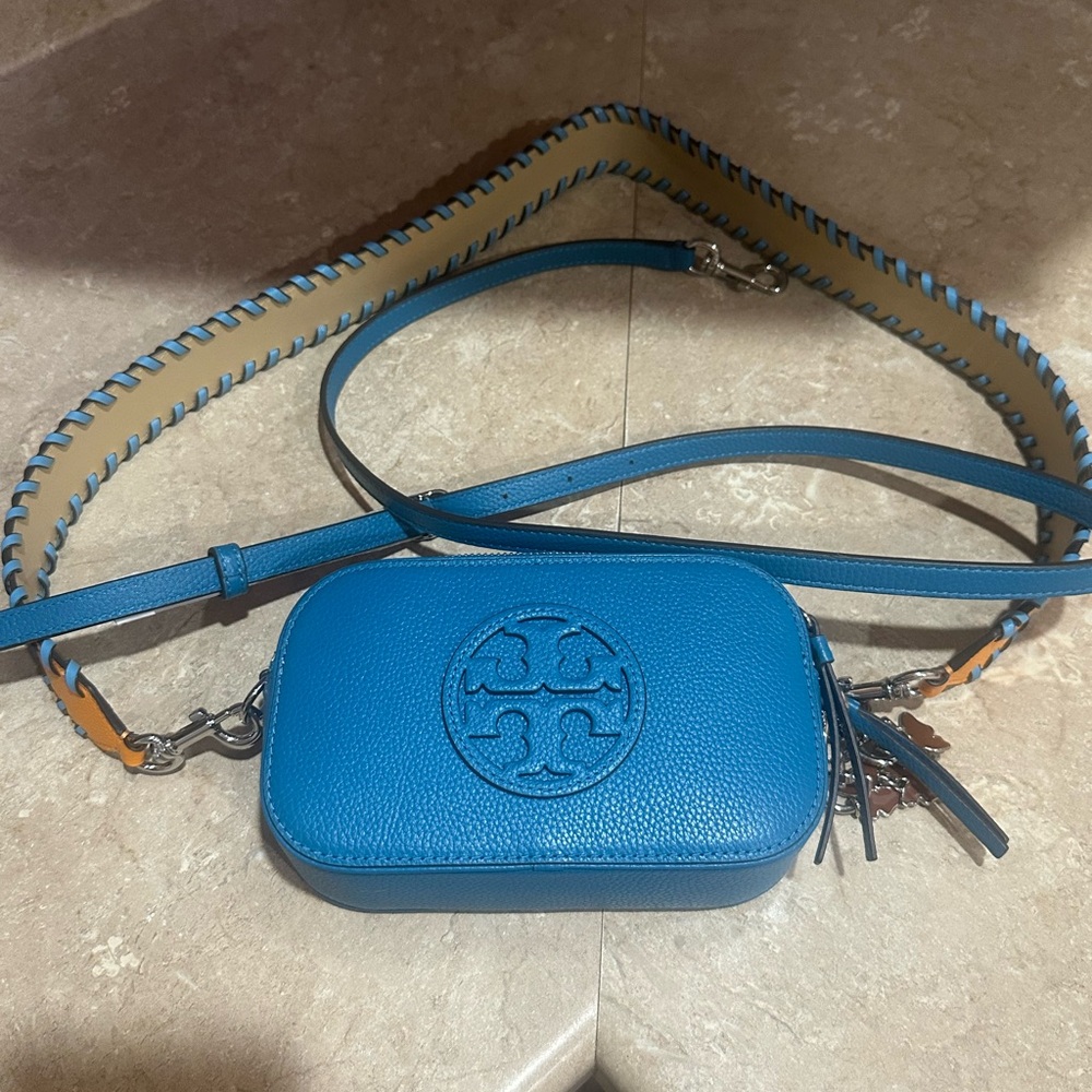 Tory Burch Turquoise Pebbled Leather Crossbody Camera Bag
